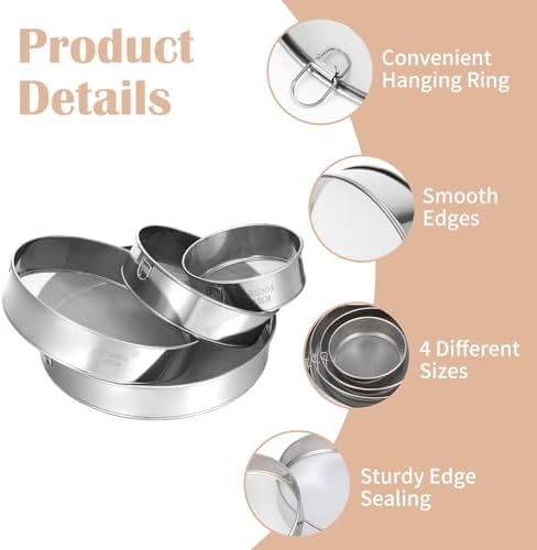 4 Pack Flour Sifter with Hanging Ring, Stainless Steel Fine Mesh