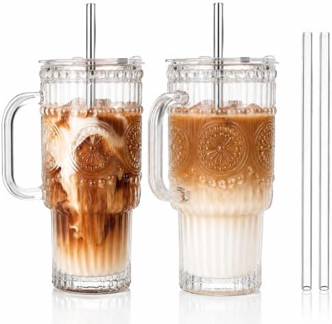 Small Capacity Thick Romantic Glass Cups with Lids and Straws, Vintage