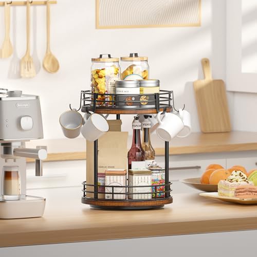 Rotating Coffee Mug Holder Rack Stand, 2 Tier Wooden Coffee Station