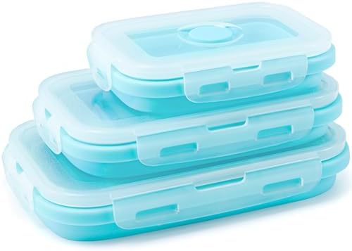 3 Pack Collapsible Silicone Food Storage Containers with Lids, Blue