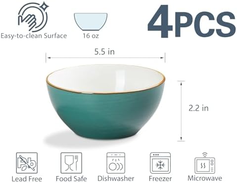 ONEMORE 16 oz Cereal Bowls Set of 4 Soup Bowls Ceramic for Kitchen