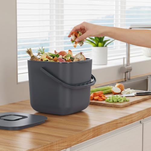5.4L Kitchen Food Waste Bin with Lid and Handles, Gray