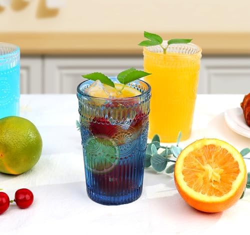 Loivttvv 6pcs Vintage Drinking Glasses Set, 12 oz Blue Highball