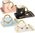 Handbag Coffee Mug Set,Four 10 oz Ceramic Cups with Saucers & Spoons