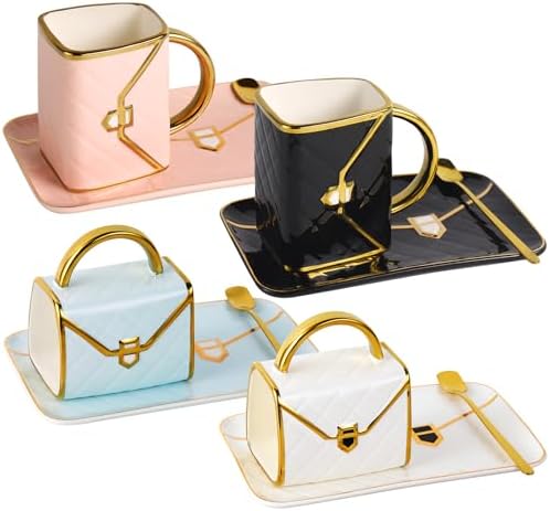 Handbag Coffee Mug Set,Four 10 oz Ceramic Cups with Saucers & Spoons