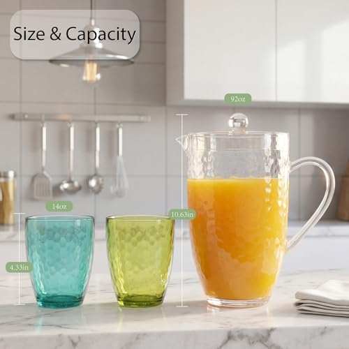 Plastic Pitcher with Lid and 4 Tumblers Set, 92oz Acrylic Water