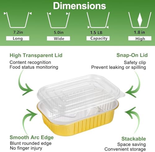 40 Pack 1.5 LB Gold Aluminum Pans with Lids Heavy Duty, 7.2"×5"×1.8"