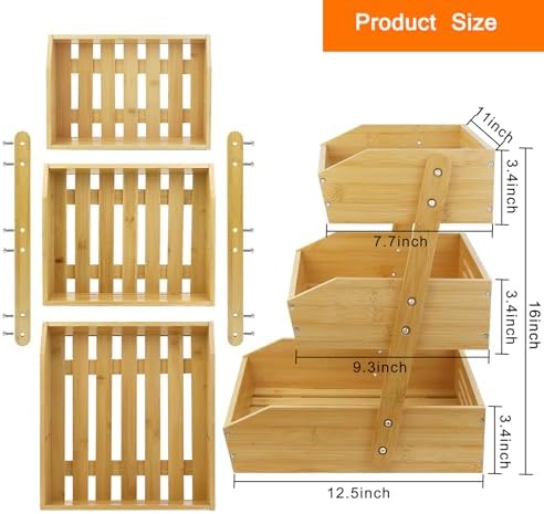 mobzio Fruit Basket for Kitchen Counter, 3 Tier Fruit Stand, Fruit Vegetable Storage Basket, Fruit Bowl for Kitchen Counter, Large Bamboo Basket Display Rack, Fruit Holder Produce Basket