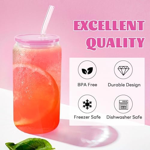 Joyclub 8pcs 16Oz Glass Cups with Acryic Lids and Straws Drinking