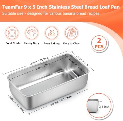 TeamFar Loaf Pans for Baking Bread, 9 x 5 Inch Stainless Steel Loaf
