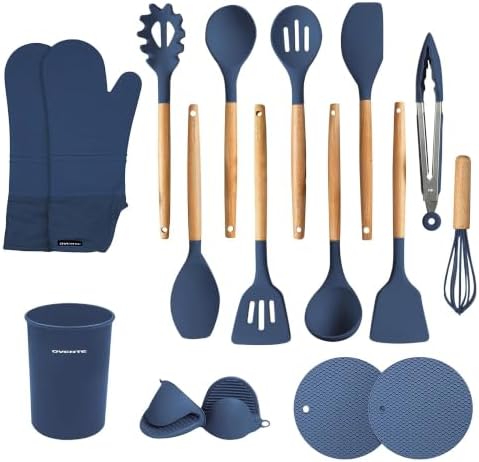 OVENTE Silicone Cooking Utensils Set, 17pcs, Heat Resistant, Blue