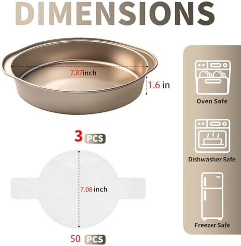 8" Round Cake Pans with 50PCS Parchment Papers, Carbon Steel, Gold