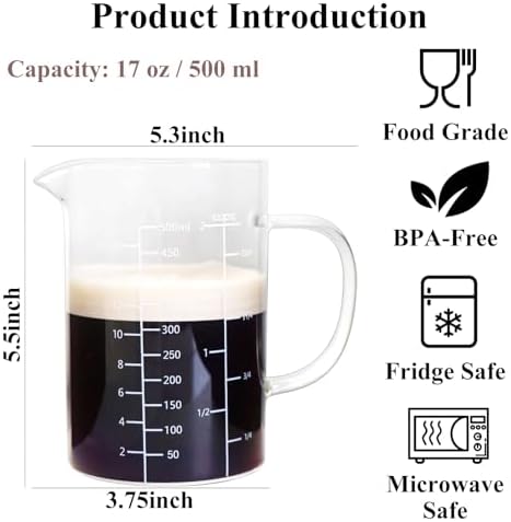 Glass Measuring Cup with Handle, 500 ML High Borosilicate Glass Three