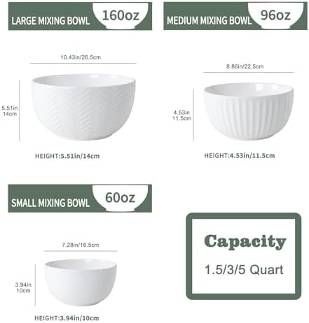 HAPPY KIT Ceramic Mixing Bowls Set, 5/3/1.5qt Set of 3