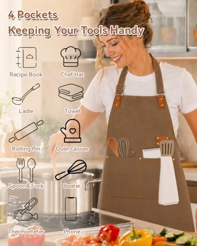 Teskyer Canvas Kitchen Apron with 4 Pockets, Brown
