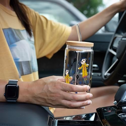 Sip-Sip Hooray! Coraline 16oz Glass Can Cup with Lid and Straw, Button