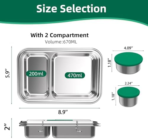 Stainless Steel Bento Box for Adults, 22.6 oz Compact 2-Compartment