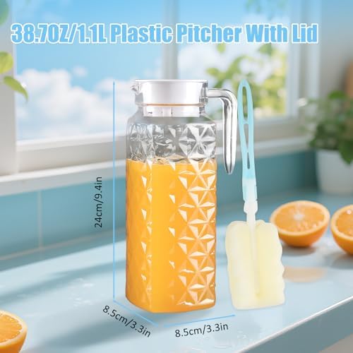 2 Pack 1.1L Plastic Pitcher with Lid and Handle, Unbreakable