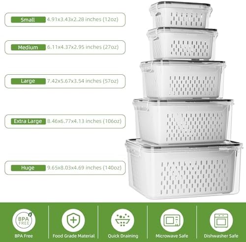 KEMETHY 5 Pack Fruit Storage Containers for Fridge with Removable