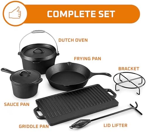 Bruntmor Camping Cooking Set Of 7. Pre Seasoned Cast Iron Pots And Pans Dutch Oven With Lids For Outdoor Comefire. Grill Cookware Skillet Sets With Storage Box