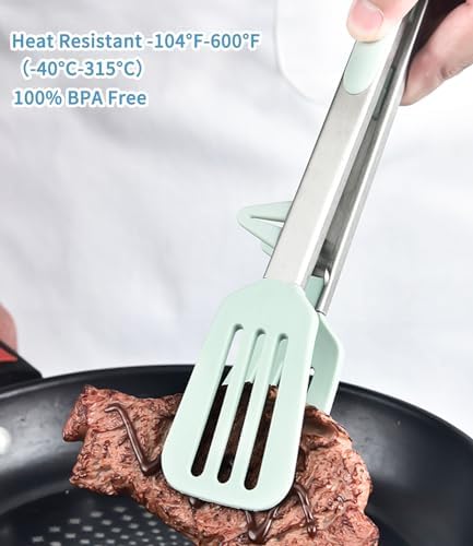 3-Piece 26 cm Stainless Steel Silicone Tip Tongs Set, Green