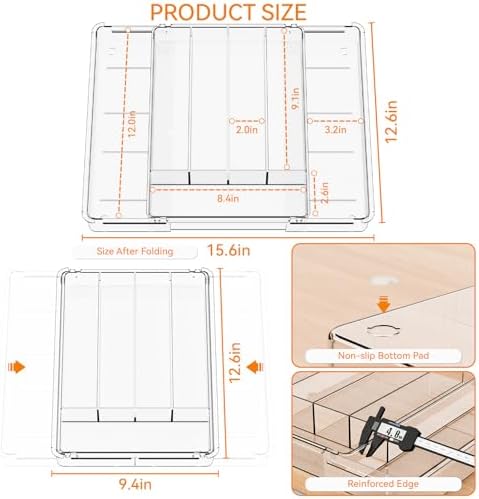 Yieach Clear Expandable Silverware Drawer Organizer,9.4-15.6In Adjustable Silverware Tray for Drawer,Acrylic Kitchen Utensil Drawer Organizer for Cutlery,Flatware Organizers and Fork and Spoon Holder