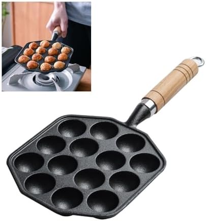 Cast Iron Takoyaki Grill Pan 14 Hole – Uncoated 6.7 Inch Octopus Ball Maker with Wooden Handle for Gas Stovetop, Induction cookers