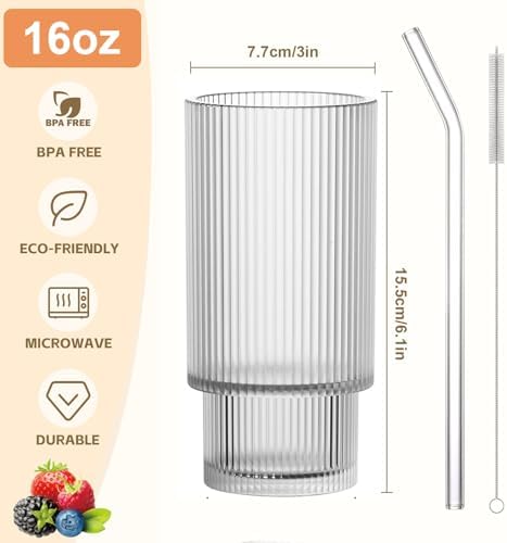 16OZ Ribbed Glass Cups with Lids and Straws,Iced Coffee Cups with