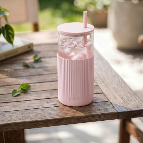 SANDJEST Glass Water Bottle with Silicone Sleeve 20oz, Glass Tumbler