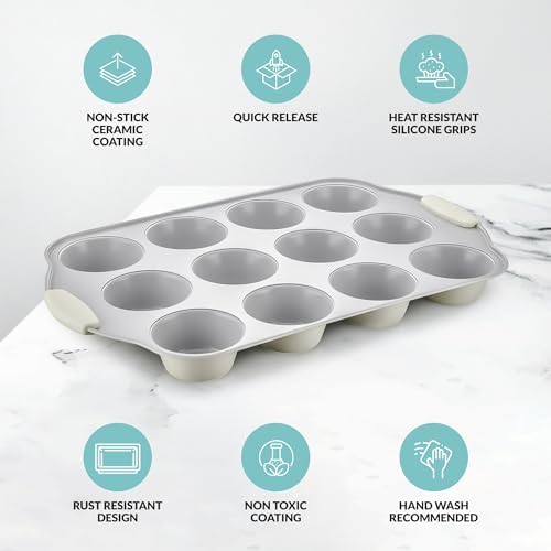 Boxiki Kitchen 12 Cups Ceramic Coated Muffin Pan for Baking - Durable