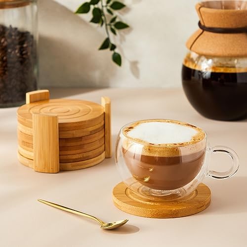 Juvale Coasters Set of 6-4.3-Inch Round Light Brown Bamboo Wood with