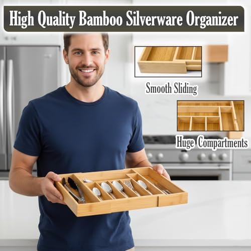 9-Slots Bamboo Drawer Organizers for Kitchen, Expandable Silverware