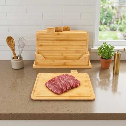 4 Pack 13.2"L x 8.9"W Bamboo Cutting Boards with Holder and Food Icons