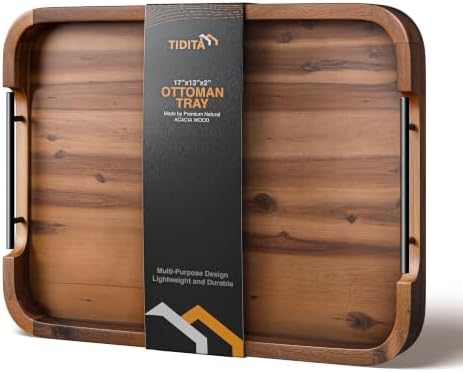 TIDITA 17"x13" Rectangular Wooden Serving Tray, Metal Handles, Walnut
