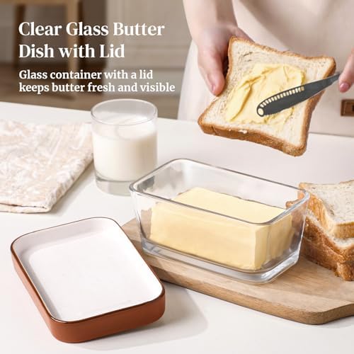 DOWAN Glass Butter Dish with Ceramic Lid, Large Butter Container for 3