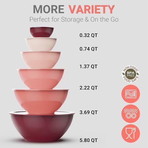 Plastic Mixing Bowls with Lids Set, 12 Piece Red Ombre Mixing Bowl Set