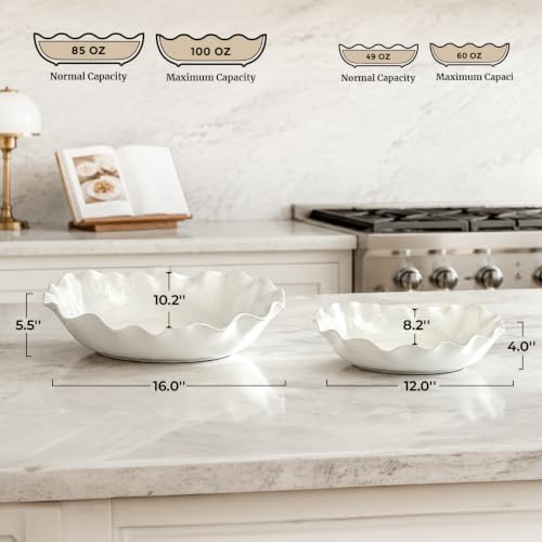 DOWAN Ceramic Serving Bowls Set of 2, Large Serving Dishes for Party Entertaining, 12" & 16" Oval Decorative Bowls for Salad Fruit Pasta - White