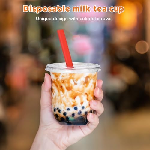 Ziliny 50 Sets 12 Oz Plastic Cups with Lids and Jumbo Straws