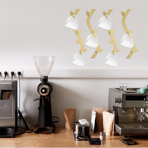 4PCS Unique Coffee Mug Holder Wall Mounted with 12 Hooks, Metal Coffee