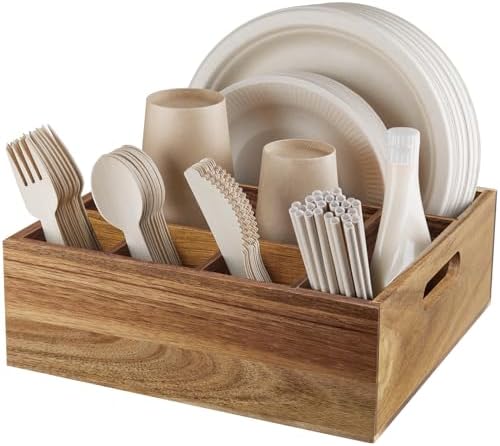 ALELION Acacia Wood Silverware Caddy, 6 Compartments