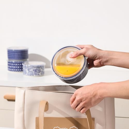 Selamica 14 OZ Ceramic Bowls with Lids, Set of 4, Vintage Blue