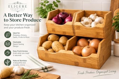 3 Piece Stackable Bamboo Pantry Storage Bins, Potato and Onion