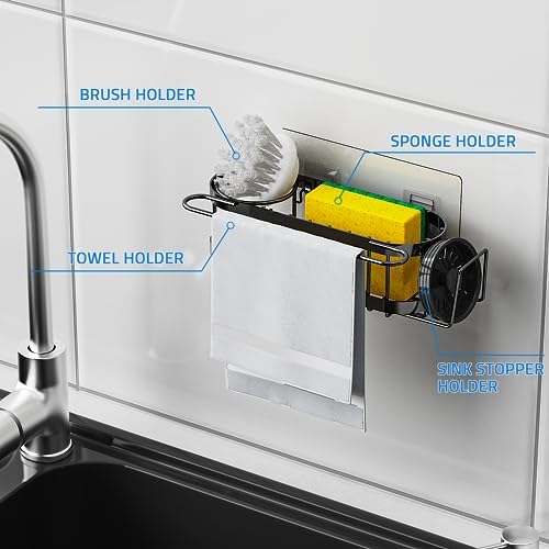 Cisily Kitchen Sponge Holder for Sink, Stainless Steel, Black