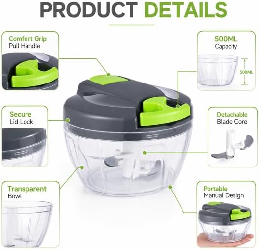 Mini Food Processor Vegetable Chopper, Manual Portable Hand Pull