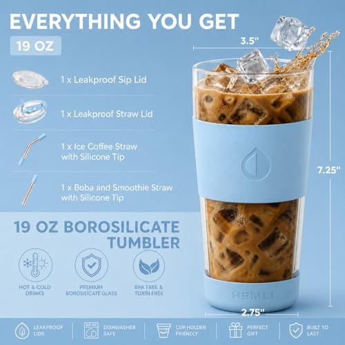 19 oz. Double Wall Glass Coffee Tumbler, To Go Travel Mug with Lid