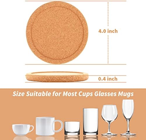Cork Coasters for Drinks Absorbent - 6 Pcs 4 Inch Cork Coasters with