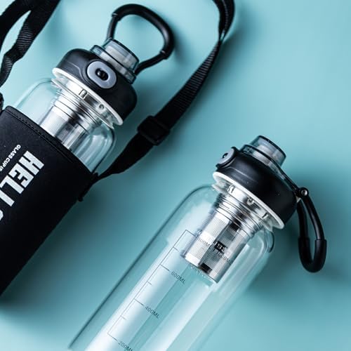 34oz Glass Water Bottle with Capacity Mark & Sleeve, BPA-Free Tea