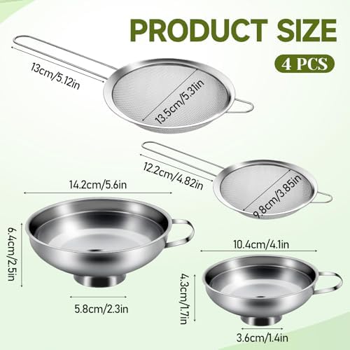 4 Pieces Stainless Steel Funnels with Fine Mesh Strainer Wide Mouth