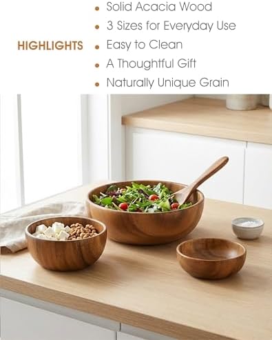 Wooden Salad Bowls Set of 3, Acacia, 5.1, 6.3 & 8.6 Inch