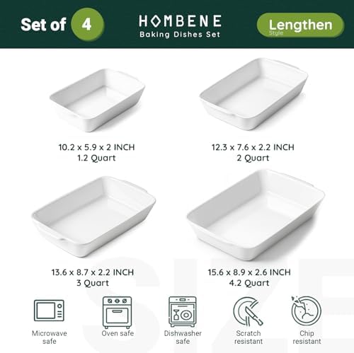 HOMBENE Ceramic Baking Dish Set with Handles, 1.2/2/3/4.2 QT